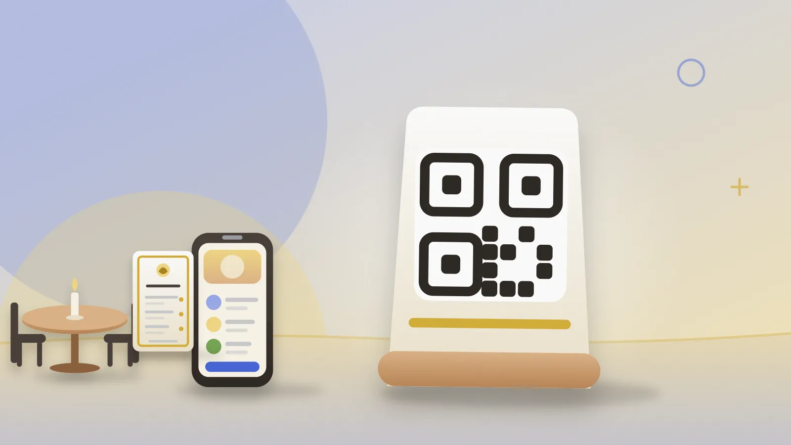 A small QR code stand on a restaurant table beside a menu