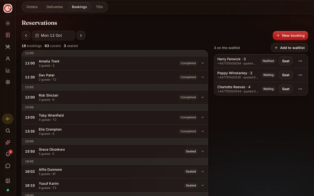 The Reservations screen showing the day's bookings, covers and a waitlist with Seat buttons