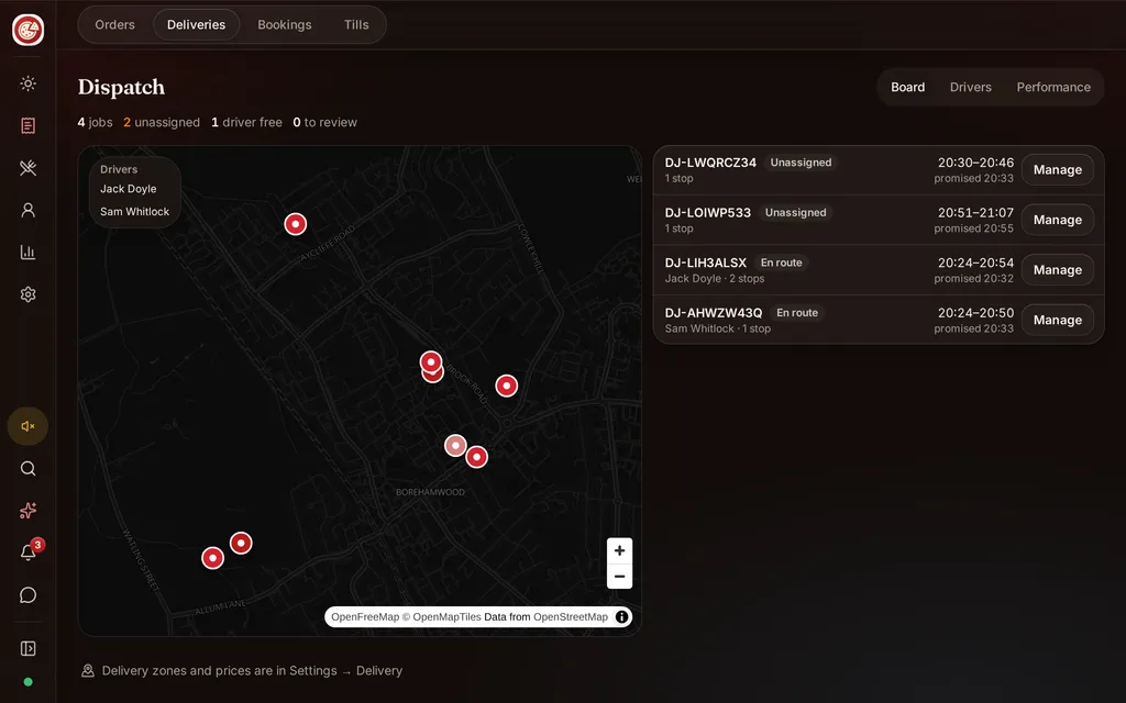 The dispatch board with a map of delivery jobs and a list of jobs showing unassigned and en route deliveries with promised times