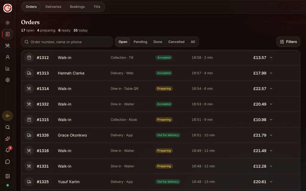 Manager: Orders, menu, kitchen setup, reservations, dispatch, customers, loyalty, stock and reports, with Copilot on every screen.