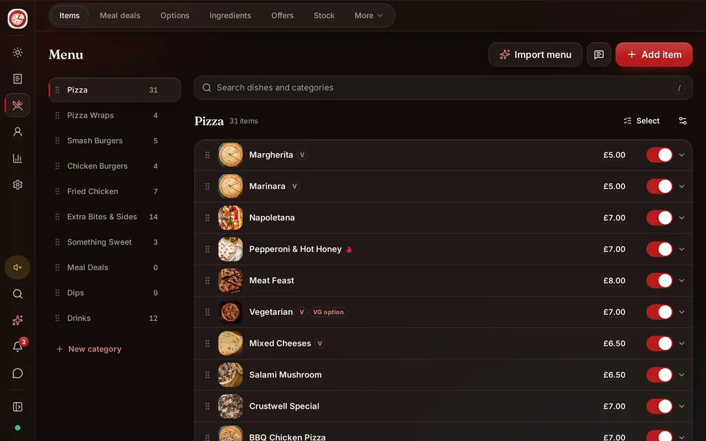 The Menu screen with categories on the left and a list of pizzas with prices and on and off switches