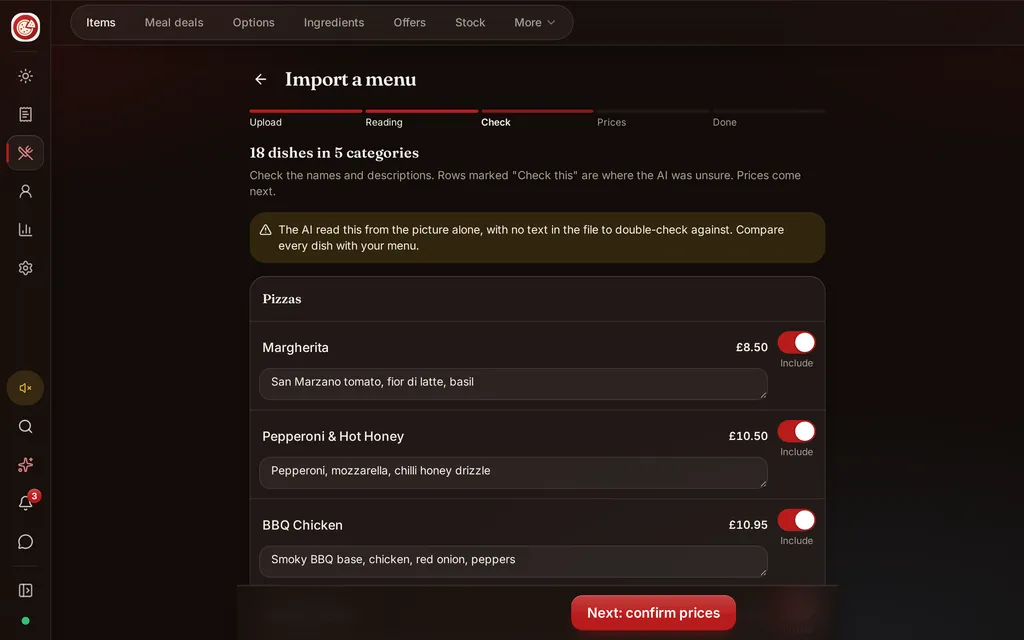 DineHarbor's menu import showing the dishes, descriptions and prices its AI read from a photo of a paper menu