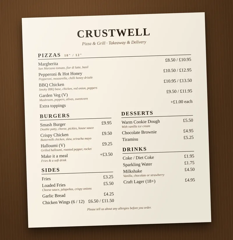 A photo of a printed takeaway menu with pizzas, burgers, sides, desserts and drinks