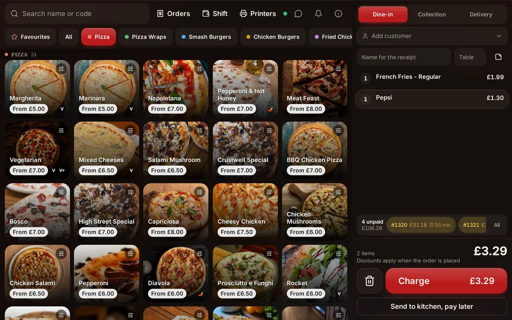 POS: Search-first ordering, split bills, tenders and tips, shift cash and a Z-report with a blind close.