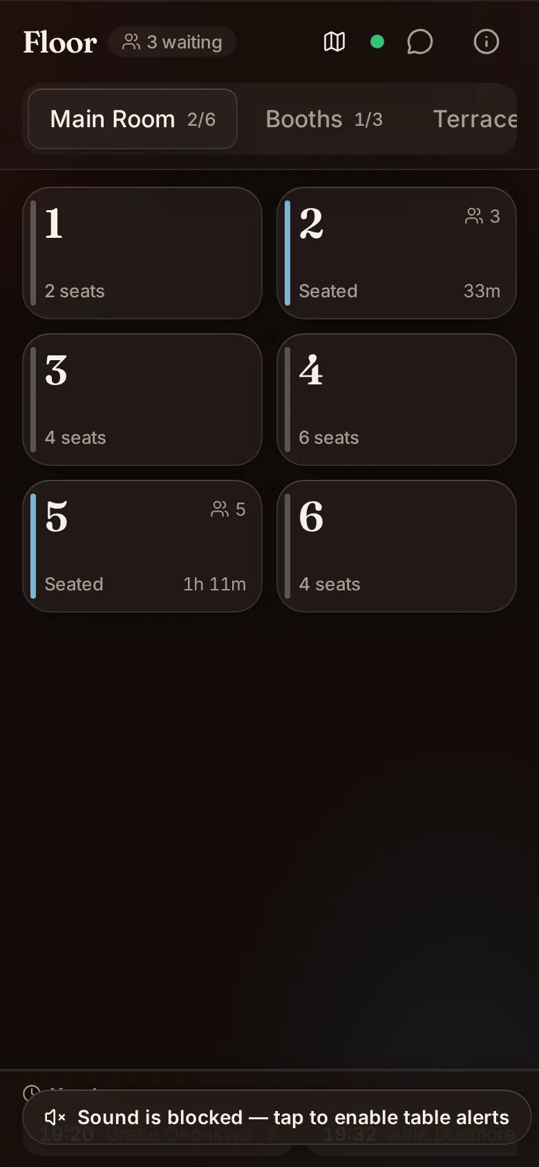 Waiter: Floor plan, table sessions, the waitlist and search-first ordering at the table.